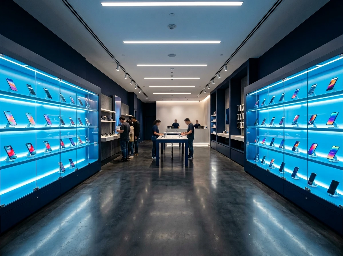 Intérieur du magasin avec ses vitrines illuminées en bleu