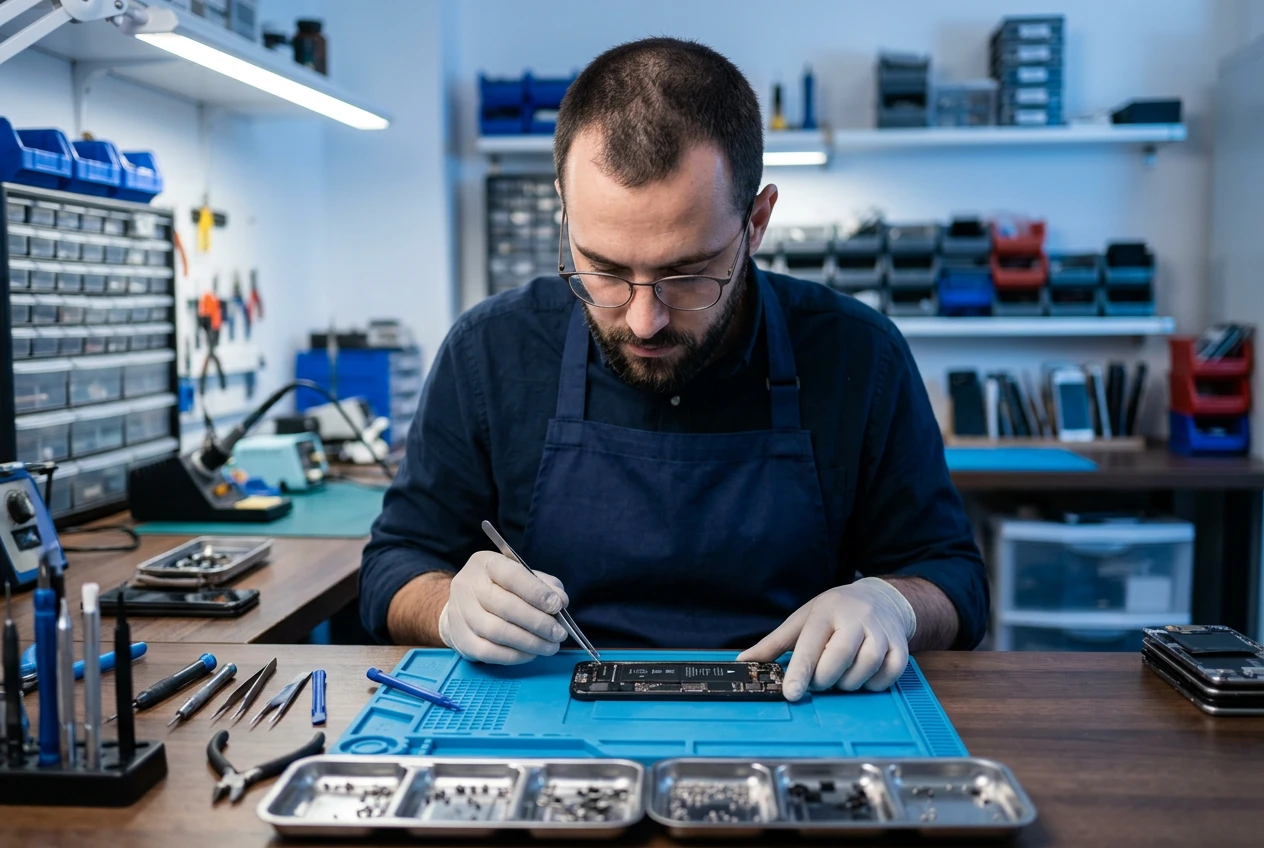 Technicien au travail sur un téléphone dans l'atelier de réparation