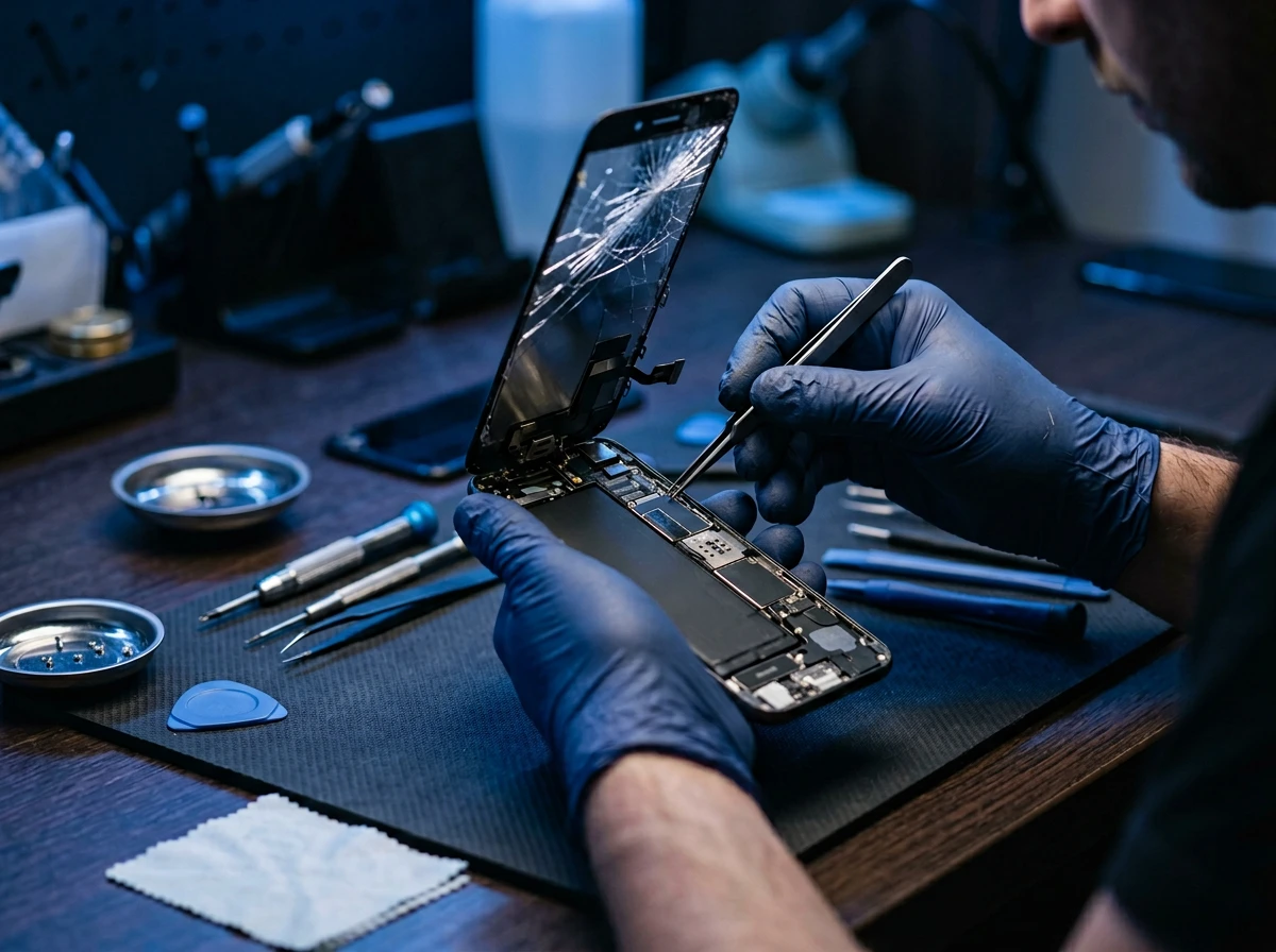 Technicien remplaçant l'écran d'un smartphone en atelier